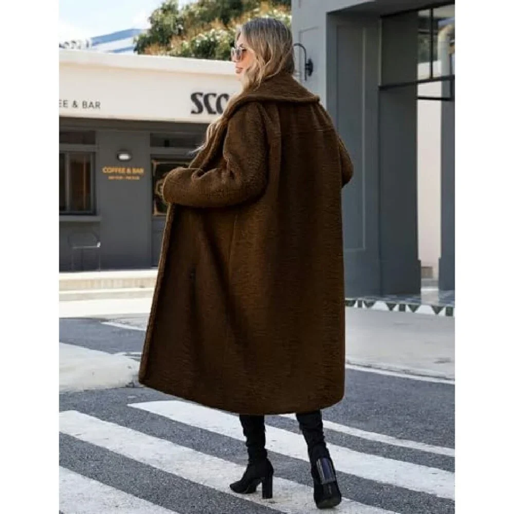 Oversized Faux Fur Long Coat Double-Breasted Winter Jacket with Pockets